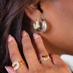 Load image into Gallery viewer, girl wearing hoop earrings. One is a pave earring and th eother is a silver hoop.
