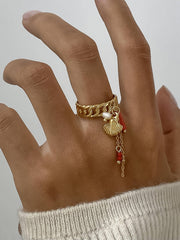 Coralie 18K Gold Non-Tarnish Shell Dangle Chain Ring